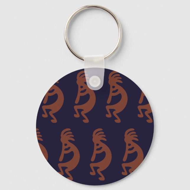 Flute Playing Kokopelli Figure - Blue on Rust Red  Key Ring (Front)