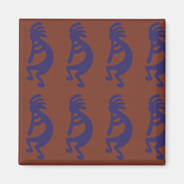 Flute Playing Kokopelli Figure - Blue on Rust Red  Magnet (Front)