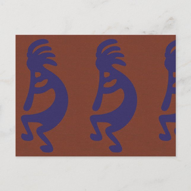 Flute Playing Kokopelli Figure - Blue on Rust Red  Postcard (Front)