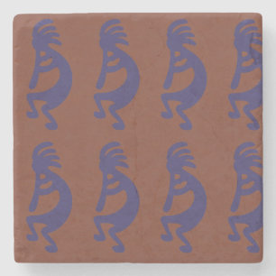 Flute Playing Kokopelli Figure - Blue on Rust Red Stone Coaster