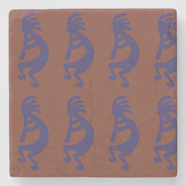 Flute Playing Kokopelli Figure - Blue on Rust Red  Stone Coaster (Front)