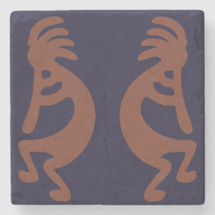 Flute Playing Kokopelli Figure - Blue on Rust Red  Stone Coaster