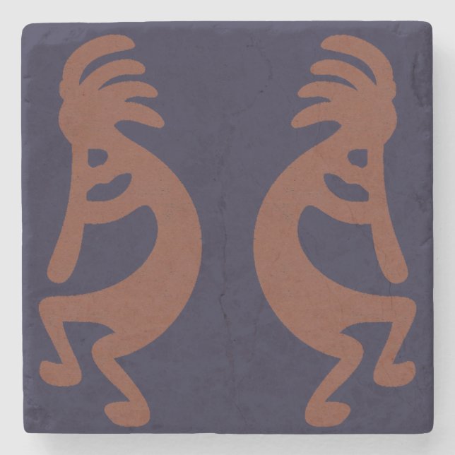 Flute Playing Kokopelli Figure - Blue on Rust Red  Stone Coaster (Front)