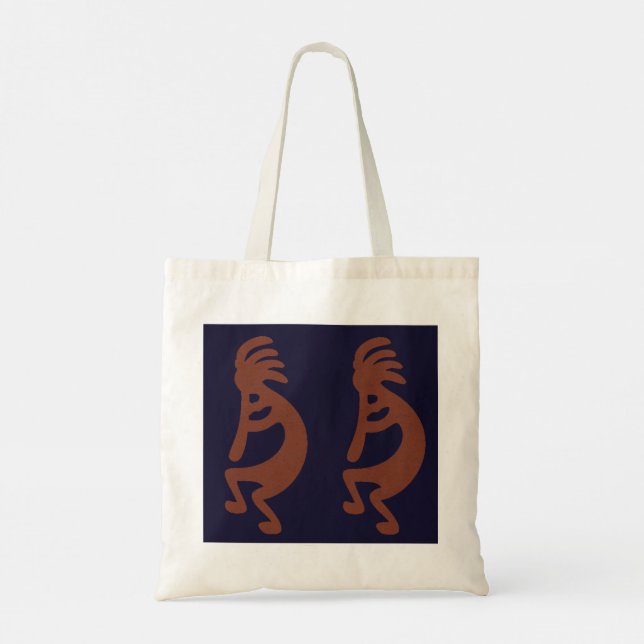 Flute Playing Kokopelli Figure - Blue on Rust Red  Tote Bag (Back)