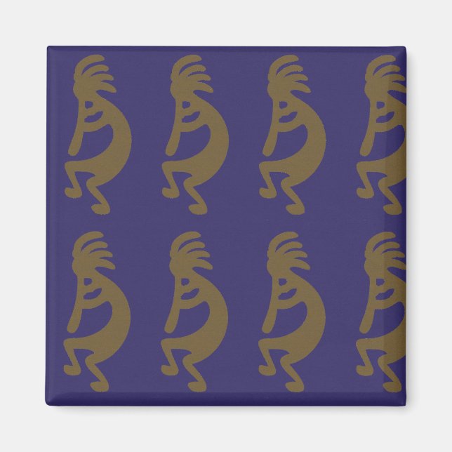 Flute Playing Kokopelli Figure - Green on Blue Magnet (Front)