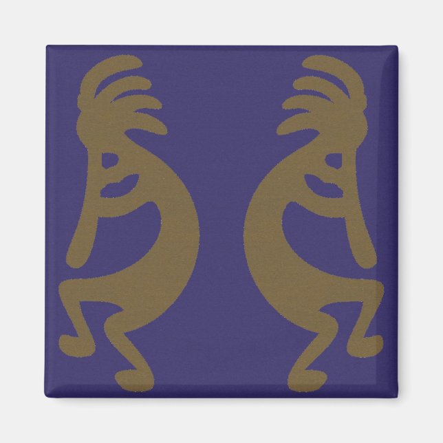 Flute Playing Kokopelli Figure - Green on Blue Magnet (Front)