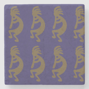 Flute Playing Kokopelli Figure - Green on Blue Stone Coaster