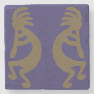 Flute Playing Kokopelli Figure - Green on Blue Stone Coaster