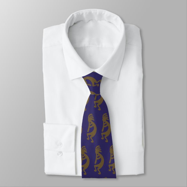 Flute Playing Kokopelli Figure - Green on Blue Tie (Tied)