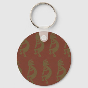 Flute Playing Kokopelli Figure, Green on Rust Red Key Ring