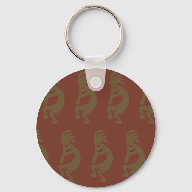 Flute Playing Kokopelli Figure, Green on Rust Red Key Ring (Front)