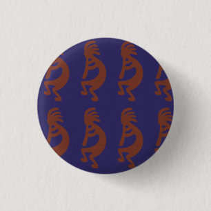 Flute Playing Kokopelli Figure - Rust Red on Blue 3 Cm Round Badge