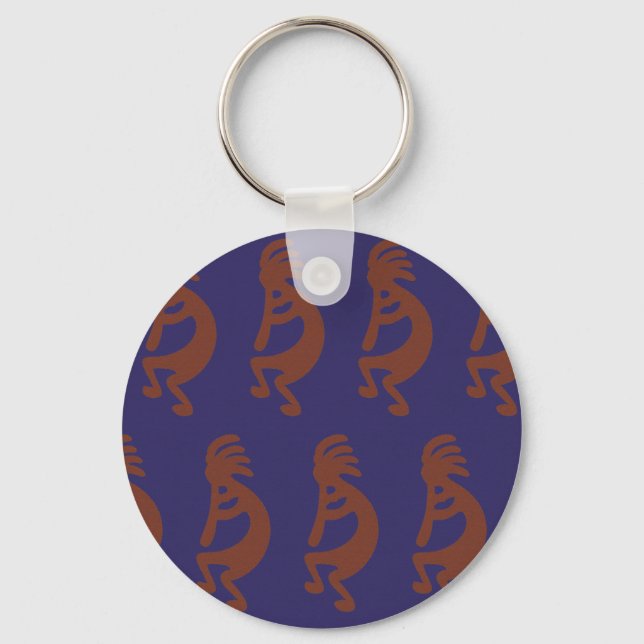 Flute Playing Kokopelli Figure - Rust Red on Blue Key Ring (Front)