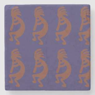 Flute Playing Kokopelli Figure - Rust Red on Blue Stone Coaster