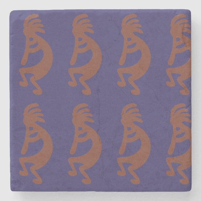 Flute Playing Kokopelli Figure - Rust Red on Blue Stone Coaster (Front)