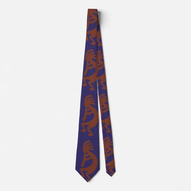 Flute Playing Kokopelli Figure - Rust Red on Blue Tie (Front)