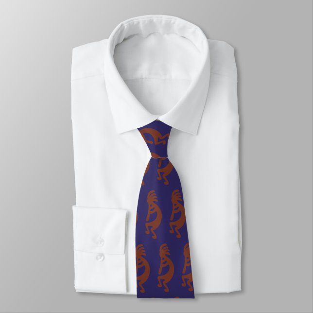 Flute Playing Kokopelli Figure - Rust Red on Blue Tie (Tied)