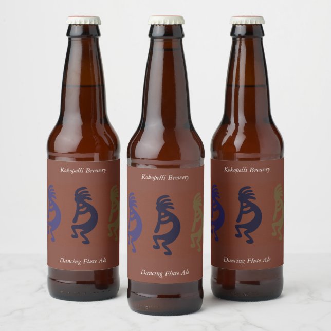 Flute Playing Kokopelli Figures on Rust Red  Beer  Bottle Label (Bottles)