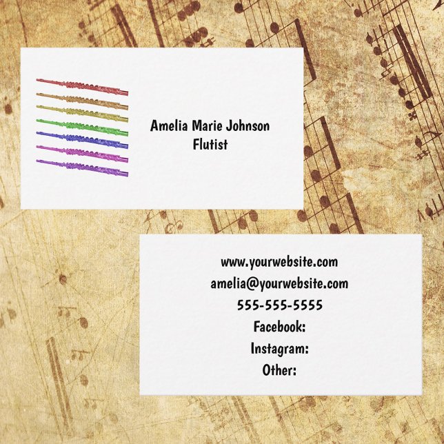 Flute Rainbow Personalise Business Card (A business card with a colorful flute design and text you can personalize!)