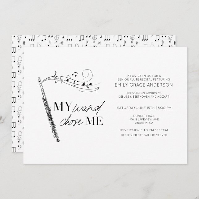 Flute Recital My Wand Chose Me Quote Black & White Invitation (Front/Back)