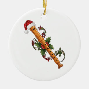 Flute Recorder Instrument Santa Hat Christmas Ceramic Tree Decoration