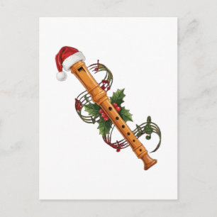 Flute Recorder Instrument Santa Hat Christmas Holiday Postcard