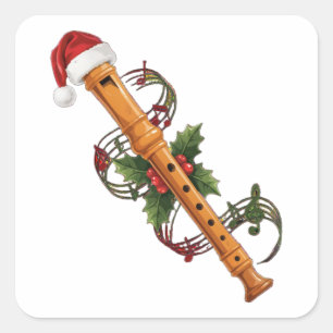 Flute Recorder Instrument Santa Hat Christmas   Square Sticker