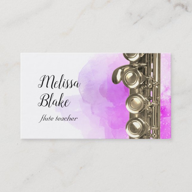 flute teacher purple watercolor background business card (Front)