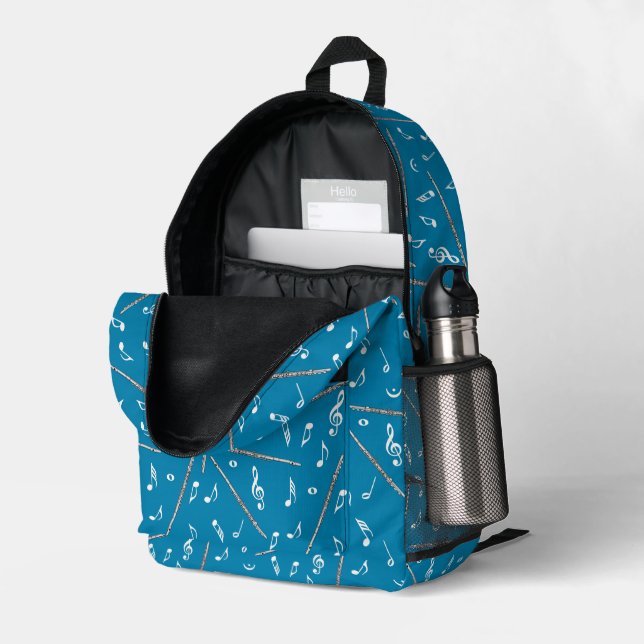 Flute White Music Notes Printed Backpack (Back Corner Right (Open))