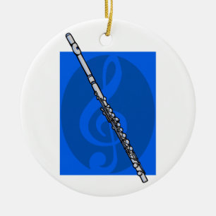 Flute with Blue Treble Clef Background Ceramic Tree Decoration