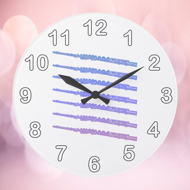 Flute Woodwind Pink Blue Purple Numbers Large Clock (A clock with flutes in pink, blue and purple and numbers in black and white.)