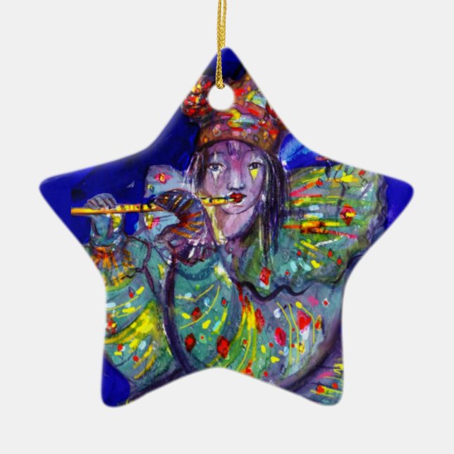 FLUTIST IN BLUE / Venetian Carnival Night Ceramic Tree Decoration (Front)