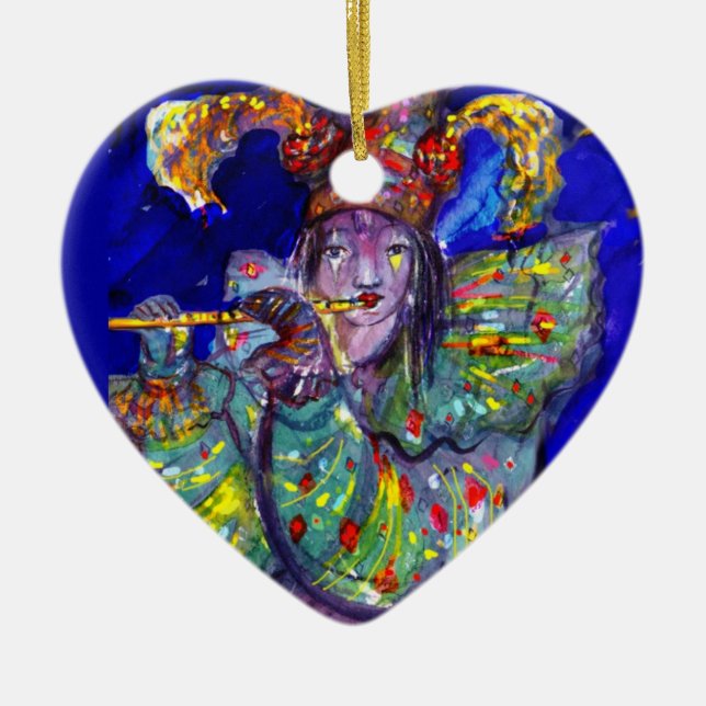 FLUTIST IN BLUE / Venetian Carnival Night Ceramic Tree Decoration (Front)