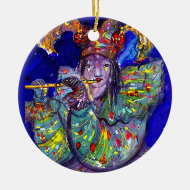 FLUTIST IN BLUE / Venetian Carnival Night Ceramic Tree Decoration (Front)