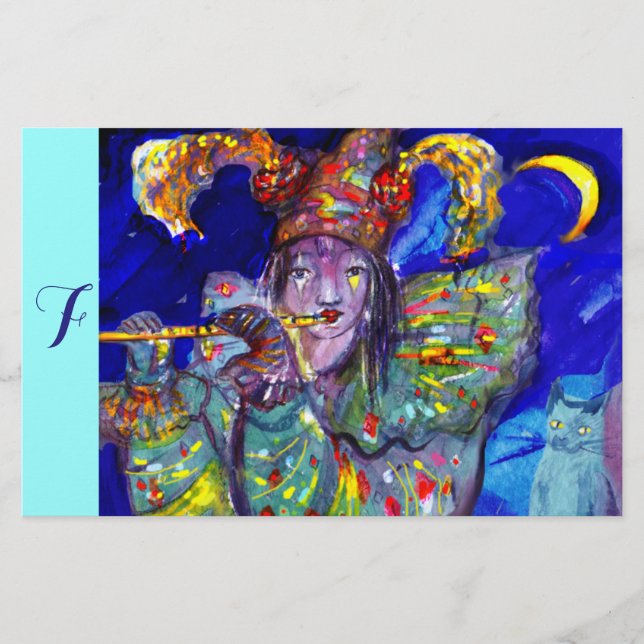 FLUTIST IN BLUE / Venetian Carnival Night Monogram Stationery (Front)