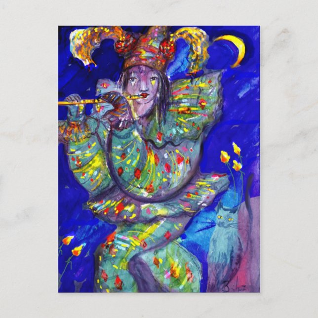 FLUTIST IN BLUE / Venetian Carnival Night Postcard (Front)