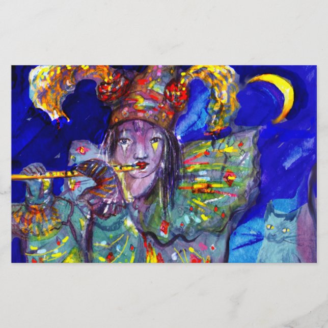 FLUTIST IN BLUE / Venetian Carnival Night Stationery (Front)