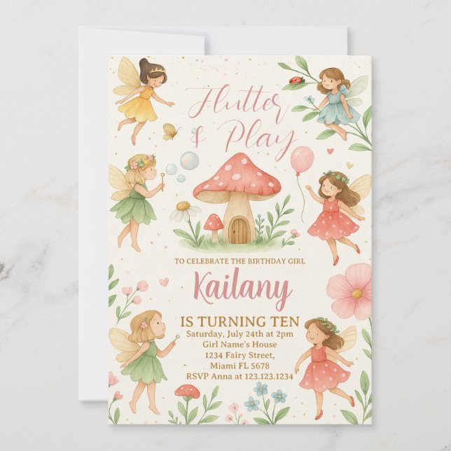 Flutter and Play Fairy Birthday Invitation (Front)