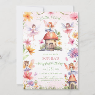 Flutter and Twirl Fairy First 1st Birthday Invitation