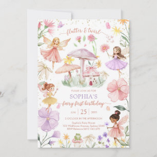 Flutter and Twirl Fairy First 1st Birthday Invitation