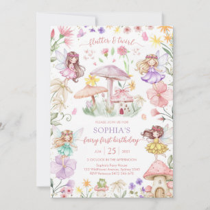 Flutter and Twirl Fairy First 1st Birthday Invitation