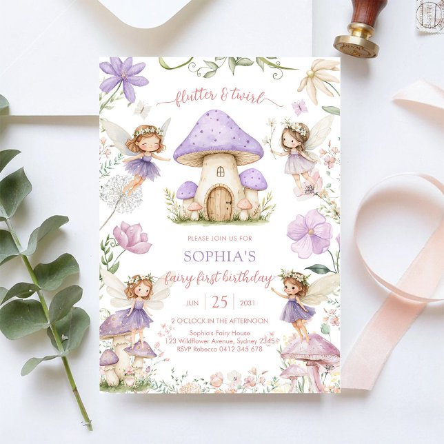 Flutter and Twirl Fairy First 1st Birthday Invitation (Creator Uploaded)