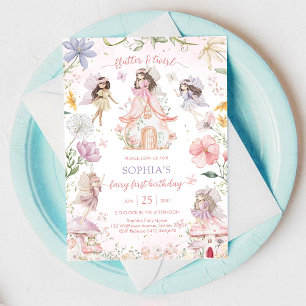 Flutter and Twirl Fairy First 1st Birthday Invitation