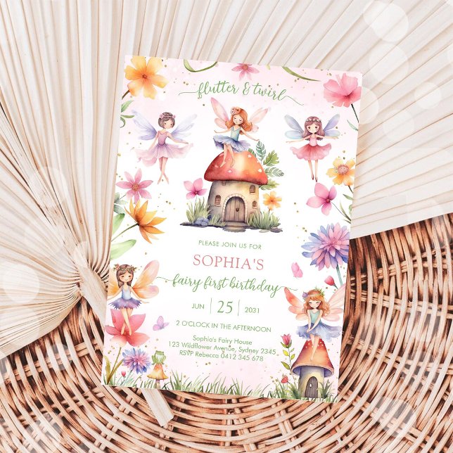 Flutter and Twirl Fairy First 1st Birthday Invitation (Creator Uploaded)