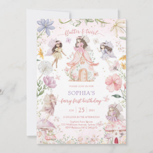 Flutter and Twirl Fairy First 1st Birthday Invitation