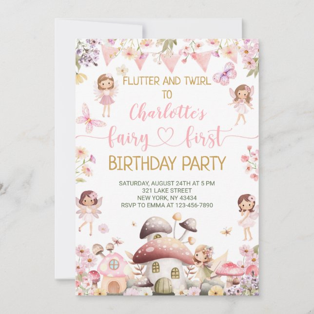 Flutter and Twirl Fairy First Birthday Party Invitation (Front)