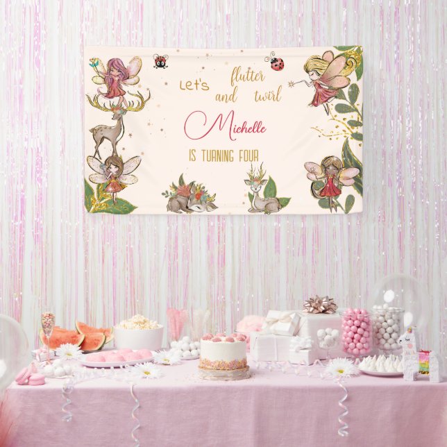 Flutter and twirl, fairy floral garden birthday banner (Party)