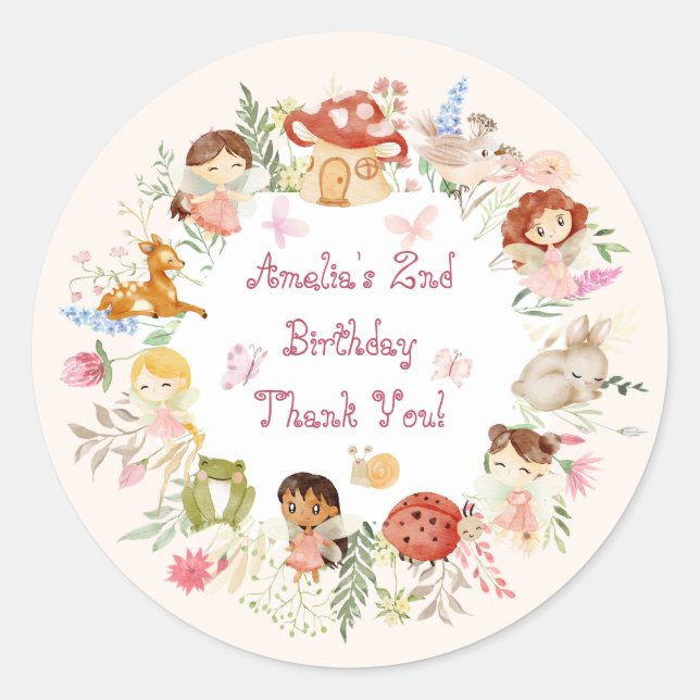 Flutter and Twirl Fairy Garden Birthday Thank You Classic Round Sticker (Front)