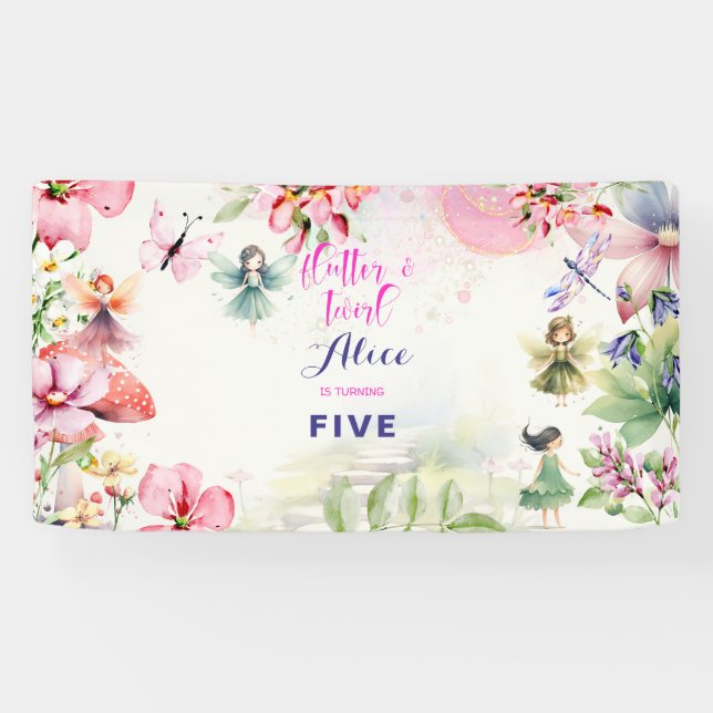 Flutter and twirl Fairy garden watercolor birthday Banner (Horizontal)
