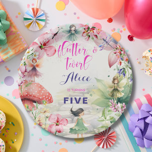 Flutter and twirl Fairy garden watercolor birthday Paper Plate